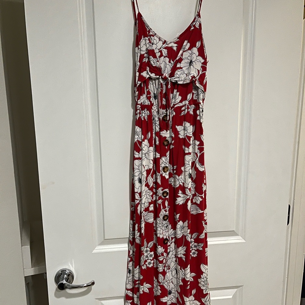 red floral midi dress